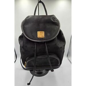 Vintage MCM Drawstring Backpack Black Coated Canvas Leather‎ Trim Small